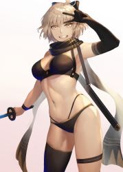 Rule 34 | 1girl, ahoge, arm up, armpits, bare shoulders, bikini, black bikini, black bow, black gloves, black scarf, black thighhighs, blonde hair, bow, breasts, cowboy shot, elbow gloves, fate/grand order, fate (series), gloves, gradient background, grin, hair between eyes, hair bow, highres, holding, holding sword, holding weapon, looking at viewer, medium breasts, navel, okita j. souji (fate), okita j. souji (first ascension) (fate), okita souji (fate), okita souji (koha-ace), peperon (peperou), pink background, scabbard, scarf, sheath, short hair, single elbow glove, single glove, single thighhigh, smile, solo, standing, stomach, swimsuit, sword, thigh strap, thighhighs, v, v-shaped eyebrows, weapon, white background, yellow eyes
