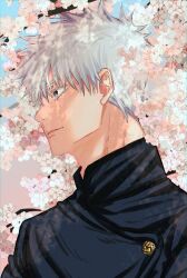 Rule 34 | 1boy, black jacket, blue eyes, buttons, cherry blossoms, commentary, fushirun rung, gojou satoru, highres, jacket, jujutsu kaisen, long sleeves, looking to the side, male focus, outdoors, parted lips, short hair, smile, solo, symbol-only commentary, white hair