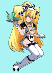 Rule 34 | 1boy, bad id, bad pixiv id, blonde hair, boots, character request, cup, food, gloves, headdress, kimimaru, knee boots, long hair, male focus, mug, original, red eyes, sandwich, sidelocks, signature, simple background, solo, thighhighs, trap, tray, two side up, very long hair, waitress, waitress uniform, white gloves