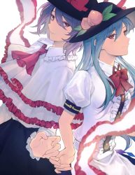 Rule 34 | 2girls, absurdres, ascot, back-to-back, black headwear, black skirt, blue hair, blush, bow, bowtie, buttons, capelet, check commentary, chinese commentary, closed mouth, collared shirt, commentary, commentary request, commission, food, frilled capelet, frilled shirt collar, frills, fruit, hair between eyes, hat, hat bow, highres, hinanawi tenshi, holding hands, leaf, long hair, long sleeves, looking at viewer, medium hair, multiple girls, nagae iku, peach, peach hat ornament, puffy short sleeves, puffy sleeves, purple hair, red ascot, red bow, red bowtie, red eyes, ringo orihara, shirt, short sleeves, sidelocks, simple background, skirt, smile, sun hat, touhou, white background, white capelet, white shirt