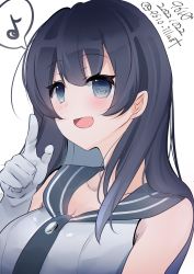 Rule 34 | 1girl, 9610 (kuroto), absurdres, agano (kancolle), artist name, black hair, black necktie, black sailor collar, breasts, commentary request, dated, eighth note, gloves, grey eyes, highres, index finger raised, kantai collection, large breasts, long hair, looking at viewer, musical note, necktie, one-hour drawing challenge, sailor collar, school uniform, serafuku, shirt, sleeveless, sleeveless shirt, solo, spoken musical note, twitter username, white gloves, white shirt