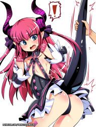 Rule 34 | !, 1boy, 1girl, artist name, ass, black panties, blue eyes, blush, dragon girl, dress flip, elizabeth bathory (fate), elizabeth bathory (fate), embarrassed, fate/extra ccc, fate/grand order, fate (series), horns, long hair, panties, patreon, pink hair, pointy ears, simple background, tail, tail grab, tail pull, tongue, underwear, white background