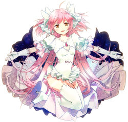 Rule 34 | 10s, 1girl, bad id, bad pixiv id, boots, gloves, hair ribbon, highres, kaname madoka, long hair, magical girl, mahou shoujo madoka magica, mahou shoujo madoka magica (anime), outstretched arms, pink hair, ribbon, short twintails, smile, solo, spread arms, thigh boots, thighhighs, twintails, two side up, ultimate madoka, umishima senbon, white thighhighs, yellow eyes