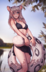 Rule 34 | 1girl, ahoge, animal ears, artist name, barbell piercing, bare arms, bare legs, bare shoulders, between legs, bikini, black bikini, blue eyes, blurry, blurry background, body freckles, breasts, day, ear piercing, freckles, grey hair, hair between eyes, highres, industrial piercing, large tail, long hair, looking at viewer, medium breasts, original, outdoors, personal ami, piercing, sarong, smile, solo, swimsuit, tail, tail between legs, thighs, water