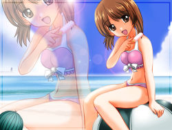 Rule 34 | 10s, 1girl, arm support, ball, beach, beachball, bikini, blackjunk, brown eyes, brown hair, day, food, fruit, girls und panzer, highres, lens flare, looking at viewer, navel, nishizumi miho, open mouth, popsicle, short hair, sitting, smile, solo, swimsuit, watermelon, zoom layer