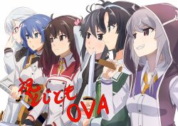 6+girls adjusting_eyewear ahoge asakura_mihono ayanokouji_martial_arts_school_uniform black_bow black_bowtie black_gloves black_hair blue_eyes blue_hair bow bowtie breasts brown_eyes brown_hair closed_mouth collared_shirt commentary_request dress fingerless_gloves glasses gloves green_dress green_neckerchief grey_eyes grey_hair grey_sailor_collar hair_between_eyes heijou_institute_school_uniform highres holding holding_sword holding_weapon hood hood_up hooded_jacket jacket katana kitora_mirja large_breasts long_hair long_sleeves mashitono_desu medium_breasts medium_hair minoseki_gakuin_uniform mole mole_under_eye multiple_girls musumi_kiyoka neck_ribbon neckerchief necktie orange_jacket orange_necktie orange_ribbon osafune_girls_academy_school_uniform over_shoulder parted_lips ponytail purple_eyes purple_jacket purple_sailor_collar red-framed_eyewear red_sailor_collar renpu_girls_school_uniform ribbon sailor_collar school_uniform setouchi_chie sheath shichinosato_kofuki shirt short_hair side-by-side sidelocks simple_background smile smirk standing sword toji_no_miko translation_request two_side_up unsheathing v-shaped_eyebrows weapon weapon_over_shoulder white_background white_shirt winter_uniform yamashiro_yui