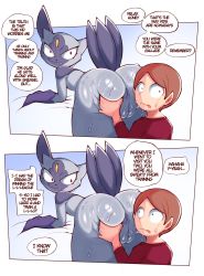 Rule 34 | 1boy, 1girl, all fours, anus, ass, ass grab, brown hair, cleft of venus, creatures (company), deep skin, ears, english text, eye contact, fang, forehead jewel, furry, game freak, gen 2 pokemon, hetero, highres, hisuian sneasel, implied cunnilingus, interrupted, looking at another, looking back, nervous, nintendo, nude, pokemon, pokephilia, pussy, pussy juice, red eyes, red shirt, saltyxodium, shiny skin, shirt, sneasel, sweat, tongue, tongue out