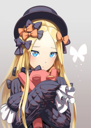 Rule 34 | 1girl, abigail williams (fate), absurdres, black bow, black dress, black hat, blonde hair, blue eyes, blush, bow, closed mouth, commentary request, dress, fate/grand order, fate (series), forehead, grey background, hair bow, hands up, hat, highres, hugging object, long hair, long sleeves, looking at viewer, orange bow, parted bangs, polka dot, polka dot bow, sanpeita, sleeves past fingers, sleeves past wrists, solo, stuffed animal, stuffed toy, teddy bear, very long hair
