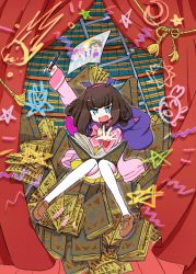 Rule 34 | 1girl, aqua eyes, black hair, book, bookshelf, brown footwear, curtains, fang, hairband, holding, holding pencil, kurosu aroma, ladder, long sleeves, looking at viewer, medium hair, mokeo, open mouth, outstretched arm, pencil, pink hairband, pretty series, pripara, rope, shoes, solo, thighhighs, white thighhighs