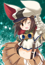 Rule 34 | 1girl, animal ears, blush, brown eyes, brown hair, gloves, goggles, hat, midriff, navel, one eye closed, open mouth, patoto, pouch, rathty, short hair, smile, solo, tears to tiara, v, wink