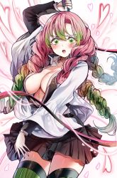 Rule 34 | 1girl, absurdres, belt, black skirt, blush, braid, breasts, cleavage, gradient hair, green eyes, green hair, green thighhighs, hair between eyes, haori, heart, highres, japanese clothes, kanroji mitsuri, kimetsu no yaiba, large breasts, long hair, long sleeves, looking at viewer, mole, mole under eye, multicolored hair, open mouth, partially unbuttoned, pink hair, pleated skirt, ribbed legwear, sak (lemondisk), skirt, solo, thighhighs, thighs, tri braids, unbuttoned, unbuttoned shirt, weapon, whip sword, white background, white belt, wide sleeves
