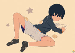 Rule 34 | 1boy, black hair, book, commentary, hamster, jitome, leg up, lying, male focus, noeyebrow (mauve), on side, original, short hair, shorts, simple background, socks, solo, star (symbol), symbol-only commentary
