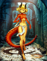 Rule 34 | 1girl, alley, barefoot, black horns, blonde hair, brick, colored skin, covered erect nipples, dagger, dragon girl, full body, genzoman, holding, holding knife, holding weapon, horns, knife, loincloth, long legs, looking away, looking to the side, monster girl, multicolored skin, narrow waist, navel, nipples, original, outdoors, parted lips, pelvic curtain, red eyes, red scales, scales, sharp toenails, short hair, solo, spiked tail, spikes, sunlight, tail, toenails, topfreedom, topless, two-tone skin, walking, weapon