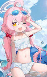 Rule 34 | 1girl, ahoge, arm up, bikini, bikini skirt, blue-tinted eyewear, blue archive, blush, collarbone, crossed bangs, day, eyewear on head, fang, frilled bikini, frills, hair bobbles, hair ornament, halo, highres, hoshino (blue archive), hoshino (swimsuit) (blue archive), inflatable toy, inflatable whale, long hair, low twintails, measho, navel, ocean, official alternate costume, one eye closed, open mouth, outdoors, pink hair, sidelocks, sitting, sky, solo, spaghetti strap, stomach, strap slip, sunglasses, swimsuit, tinted eyewear, twintails, very long hair, white-framed eyewear, white bikini, yellow eyes