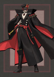 Rule 34 | 1other, black cape, black footwear, black gloves, black headwear, boots, cape, durante (pixiv fantasia age of starlight), facing viewer, full body, furumi showichi, gem, gloves, highres, pixiv fantasia, pixiv fantasia age of starlight, red cape, red gemstone, standing, two-tone cape, wand