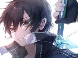 Rule 34 | 1boy, black coat, black eyes, black gloves, black hair, coat, commentary request, dated, fingernails, gloves, hair between eyes, hand on hilt, hibiya saeki, high collar, highres, holding, holding sword, holding weapon, kirito, looking ahead, male focus, parted lips, partially fingerless gloves, sheath, sheathed, short hair, signature, smile, solo, sword, sword art online, upper body, weapon, weapon on back, white background