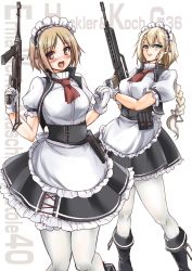 Rule 34 | 2girls, absurdres, ammunition pouch, apron, arekishi raiho, arm under breasts, assault rifle, blonde hair, blouse, blush, boots, braid, braided ponytail, character name, clenched hand, corset, frilled skirt, frills, g36 (girls&#039; frontline), girls&#039; frontline, gloves, green eyes, gun, h&amp;k g36, highres, holding, holding weapon, knee boots, knees together feet apart, maid, maid apron, maid headdress, mp40, mp40 (girls&#039; frontline), multiple girls, neckerchief, pantyhose, pouch, puffy short sleeves, puffy sleeves, red neckerchief, reloading, rifle, shirt, short sleeves, skirt, smile, standing, strap, submachine gun, sweatdrop, trigger discipline, weapon, white background, white gloves, white legwear, white shirt, yellow eyes