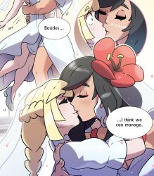 Rule 34 | 2girls, absurdres, aged up, alternate muscle size, black hair, blonde hair, bridal veil, creatures (company), dress, english text, female focus, game freak, height difference, highres, juno son, kiss, lillie (pokemon), multiple girls, muscular, muscular female, nintendo, pokemon, pokemon sm, selene (pokemon), speech bubble, veil, wedding dress, wife and wife, yuri