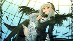 Rule 34 | 1girl, black thighhighs, black wings, crossed legs, doll joints, erubo, feathers, frills, hairband, highres, joints, lolita fashion, lolita hairband, long hair, long sleeves, open mouth, pink eyes, puffy sleeves, rozen maiden, silver hair, sitting, solo, suigintou, thighhighs, wings
