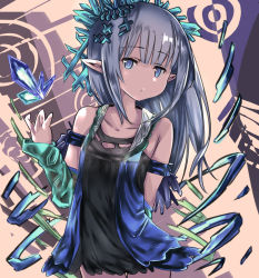 Rule 34 | 10s, 1girl, arm behind back, armlet, bad hands, bare shoulders, blue eyes, blue hair, blunt bangs, collarbone, cowboy shot, crystal, detached sleeves, dress, erin (granblue fantasy), eyebrows, flat chest, granblue fantasy, hair ornament, long hair, long sleeves, lplpsteven, matching hair/eyes, no nose, orange background, pointy ears, short dress, sleeveless, sleeveless dress, solo, standing, thigh gap