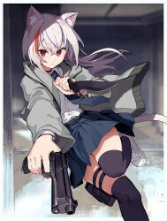 Rule 34 | &gt;:(, 1girl, animal ear fluff, animal ears, black necktie, black thighhighs, blue skirt, cat ears, cat girl, cat tail, commission, dual wielding, grey hoodie, gun, handgun, holding, holding gun, holding knife, holding weapon, holster, hood, hood down, hoodie, kinshi, knife, kukri, long hair, long sleeves, looking at viewer, miniskirt, multicolored hair, necktie, open clothes, open hoodie, original, red eyes, red hair, reverse grip, shirt, shoes, skeb commission, skirt, sneakers, streaked hair, tail, thigh holster, thighhighs, two-tone hair, v-shaped eyebrows, weapon, weapon request, white footwear, white shirt