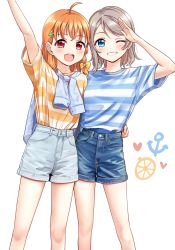 Rule 34 | 2girls, :d, anchor symbol, antenna hair, arm around waist, arm up, blue eyes, blue jacket, blue shirt, blush, bow, braid, deadnooodles, denim, denim shorts, food, fruit, grey hair, hair bow, hair ornament, hairclip, heart, highres, jacket, jacket around neck, looking at viewer, love live!, love live! sunshine!!, medium hair, multiple girls, one eye closed, open mouth, orange (fruit), orange hair, orange shirt, red eyes, salute, shirt, shirt tucked in, short sleeves, shorts, simple background, smile, striped clothes, striped shirt, takami chika, teeth, upper teeth only, watanabe you, white background, yellow bow