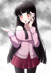 Rule 34 | 1girl, adapted costume, bare shoulders, black hair, black pantyhose, blunt bangs, blush, bright pupils, commentary request, contemporary, cowboy shot, ear piercing, grey background, hand on own cheek, hand on own face, hands up, highres, houraisan kaguya, long hair, long sleeves, miniskirt, off-shoulder sweater, off shoulder, open mouth, pantyhose, piercing, pleated skirt, rain, red eyes, red skirt, skirt, solo, standing, sweater, touhou, tsukimirin, very long hair