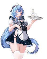 Rule 34 | 1girl, ahoge, alternate costume, apron, black bow, blue hair, bottle, bow, breasts, cleavage, closed mouth, commentary, cup, drinking glass, english commentary, enmaided, ganyu (genshin impact), genshin impact, goat horns, highres, horns, large breasts, long hair, looking at viewer, maid, milk bottle, mirei-yume, red eyes, red horns, simple background, solo, thighhighs, very long hair, waist apron, white background, white thighhighs