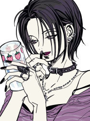 Rule 34 | 1poppy, black choker, black eyes, black hair, black nails, choker, cigarette, cup, drinking glass, ear piercing, highres, holding, holding cigarette, holding cup, jewelry, lipstick, looking to the side, makeup, medium hair, multiple rings, nail polish, nana (series), necklace, osaki nana, piercing, red lips, ring