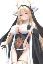 Rule 34 | 1girl, azur lane, bare shoulders, black gloves, blonde hair, breasts, cleavage, covered navel, cowboy shot, fake horns, gloves, habit, hair between eyes, half gloves, highres, horns, implacable (azur lane), large breasts, long hair, long sleeves, looking at viewer, nun, pelvic curtain, red eyes, revealing clothes, see-through, simple background, solo, thighhighs, veil, very long hair, white background, white horns, white thighhighs, wide sleeves, yamamoto warabi