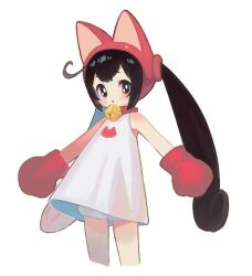 Rule 34 | 1girl, :o, a-pose, ahoge, alternate costume, animal ear hood, animal ears, animal hands, bell, black hair, blush, bright pupils, cat ears, cropped legs, dress, fake animal ears, gloves, hood, jigoku kawaii enma-chan, long hair, looking at viewer, mizuno uchi, neck bell, paw gloves, pink eyes, red gloves, short dress, simple background, sleeveless, sleeveless dress, solo, standing, twintails, white background, white dress, white pupils