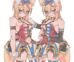 Rule 34 | 2girls, absurdres, animal ears, arm strap, asymmetrical legwear, black choker, bow, braid, breasts, choker, closed mouth, clothing cutout, cowboy shot, detached sleeves, dress, dual persona, fox ears, fox girl, fox tail, gloves, grin, hair between eyes, hair bow, hand on another&#039;s shoulder, highres, hololive, kakult2017, long hair, looking at viewer, medium breasts, mismatched legwear, multicolored hair, multiple girls, navel cutout, omaru polka, omaru polka (1st costume), simple background, single detached sleeve, single glove, sleeveless, sleeveless dress, smile, standing, streaked hair, striped clothes, striped dress, striped legwear, striped thighhighs, tail, thighhighs, vertical-striped clothes, vertical-striped thighhighs, virtual youtuber, white background, wrist cuffs