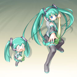 Rule 34 | 2girls, aqua hair, aqua nails, aqua necktie, bare shoulders, black legwear, black skirt, black sleeves, blue eyes, blush, blush stickers, boots, commentary, detached sleeves, food, foreshortening, from above, gatotsu stance, grey shirt, hachune miku, hair ornament, hatsune miku, headphones, holding, holding food, holding spring onion, holding vegetable, long hair, multiple girls, nail polish, necktie, open mouth, outstretched arm, shadow, shirt, skirt, sleeveless, sleeveless shirt, solid circle eyes, spring onion, standing, thigh boots, thighhighs, twintails, vegetable, very long hair, vocaloid, yagi gojou, zettai ryouiki