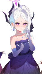 Rule 34 | 1girl, absurdres, black horns, black wings, blue archive, blush, breasts, dangle earrings, demon horns, demon wings, dress, earrings, elbow gloves, gloves, grin, halo, highres, hina (blue archive), hina (dress) (blue archive), horns, jewelry, long hair, looking at viewer, mimizuku (mmiganaru), multiple horns, necklace, official alternate costume, official alternate hairstyle, pendant, purple dress, purple eyes, purple gloves, simple background, small breasts, smile, solo, strapless, strapless dress, white background, white hair, wings