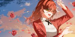 Rule 34 | 1girl, :d, brown hair, cloud, cloudy sky, collared shirt, flower, green eyes, hair ornament, highres, jacket, long hair, long sleeves, nnatural94, one eye closed, open clothes, open mouth, outdoors, petals, red flower, red jacket, red rose, rosa (tears of themis), rose, shirt, sky, smile, solo, sunset, tears of themis, white shirt