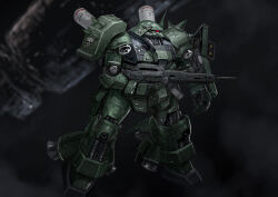 Rule 34 | beam rifle, blurry, blurry background, cable, commentary, energy gun, english commentary, geara doga, gundam, gundam unicorn, highres, machinery, mecha, mecha focus, missile pod, mobile suit, no humans, one-eyed, photoshop (medium), realistic, red eyes, redesign, rickyryan, robot, roundel, science fiction, shield, shoulder spikes, skull and crossbones, space, space station, spikes, thrusters, weapon, zeon, zero gravity