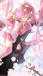 Rule 34 | 1girl, ;), branch, cherry blossoms, cherry hair ornament, closed mouth, commentary request, crossed arms, detached sleeves, feet out of frame, flower, food-themed hair ornament, hair between eyes, hair ornament, haruri, hatsune miku, headset, highres, in tree, long hair, long sleeves, looking at viewer, nail polish, one eye closed, pink eyes, pink hair, pink nails, pink skirt, pink sleeves, pink thighhighs, sakura miku, shirt, signature, skirt, sleeveless, sleeveless shirt, smile, solo, thighhighs, tree, twintails, very long hair, vocaloid, white flower, white shirt, wide sleeves