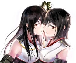 Rule 34 | 10s, 2girls, black hair, detached sleeves, fusou (kancolle), hair ornament, japanese clothes, kantai collection, lips, long hair, looking at viewer, mosuke, multiple girls, nuzzle, red eyes, short hair, smile, yamashiro (kancolle)