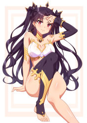 Rule 34 | 1girl, arm at side, arm up, armlet, armpits, bare shoulders, bikini, black bow, black thighhighs, blush, bow, breasts, cleavage, closed mouth, collarbone, commentary, detached sleeves, earrings, fate/grand order, fate (series), hair bow, hand on forehead, hoop earrings, invisible chair, ishtar (fate), jewelry, long hair, long sleeves, medium breasts, mmrailgun, parted bangs, red eyes, single detached sleeve, single thighhigh, sitting, smile, solo, stirrup legwear, strapless, strapless bikini, swimsuit, thighhighs, toeless legwear, two side up, very long hair, white bikini