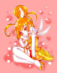 Rule 34 | 10s, 1girl, arm warmers, bike shorts, bike shorts under skirt, boots, bow, bowtie, brooch, character name, cure sunny, dress, full body, hair bun, highres, hino akane (smile precure!), jewelry, magical girl, matching hair/eyes, orange dress, orange eyes, orange hair, orange skirt, orange theme, pink background, precure, ramune02, short hair, shorts, shorts under skirt, single hair bun, skirt, smile precure!, solo, thigh boots, thighhighs, white thighhighs