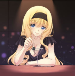 Rule 34 | 1girl, bar (place), black dress, blonde hair, blue eyes, breasts, cecilia alcott, cleavage, cocktail glass, cup, dress, drinking glass, hairband, highres, infinite stratos, lips, long hair, looking at viewer, martini, night, nigiriushi, olive, solo, upper body
