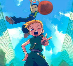 Rule 34 | 2boys, ahoge, antenna hair, bad id, bad pixiv id, ball, basketball, basketball (object), basketball hoop, blurry, character request, copyright request, day, depth of field, from below, hair ribbon, hand on own hip, looking at viewer, looking down, lowres, multiple boys, one eye closed, orange hair, overalls, ribbon, sky, sweat, t k g, v