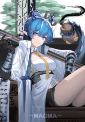 Rule 34 | 1girl, 9 vcat, :d, absurdres, arknights, artist name, black gloves, black shorts, blue eyes, blue hair, breasts, calligraphy brush, character name, coat, detached collar, dragon girl, dragon horns, dragon tail, elbow gloves, gloves, gourd, grin, highres, holding, holding with tail, horns, ink, ling (arknights), long hair, long sleeves, looking at viewer, medium breasts, multicolored hair, necktie, open clothes, open coat, open mouth, paintbrush, parted lips, pointy ears, prehensile tail, shirt, short shorts, shorts, sitting, smile, solo, streaked hair, tail, thighs, two-tone hair, white coat, white hair, white shirt, wide sleeves, yellow necktie
