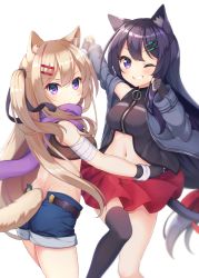 Rule 34 | 2girls, animal ears, bandages, bandaged arm, black hair, blonde hair, breasts, cat ears, cat tail, fingerless gloves, gloves, holding hands, highres, jacket, long hair, looking at viewer, looking back, medium breasts, midriff, miyaa mia, miyaa rao, multiple girls, navel, one eye closed, one side up, open clothes, open jacket, original, purple eyes, scarf, shorts, simple background, single thighhigh, smile, tail, teeth, thighhighs, yatsuki yura