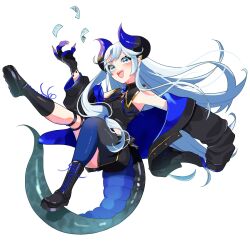 Rule 34 | 1girl, aoi ryuuga, black footwear, black horns, black jacket, black pantyhose, black shirt, black shorts, blue eyes, blue gemstone, blue hair, blue horns, blue pantyhose, blue ribbon, bolo tie, boots, claws, curled horns, dragon girl, dragon horns, dragon tail, ear ornament, full body, gem, gold trim, gradient legwear, hand up, hato3793, horns, indie virtual youtuber, jacket, jacket partially removed, knee boots, long hair, long sleeves, looking at viewer, multicolored horns, open mouth, pantyhose, ribbon, shirt, shorts, single leg pantyhose, sleeveless, sleeveless shirt, smile, solo, star-shaped pupils, star (symbol), symbol-shaped pupils, tail, teeth, thigh strap, transparent background, upper teeth only
