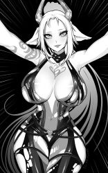 Rule 34 | 1girl, animal ears, arm tattoo, artist name, belt, brassica, breasts, center opening, chest tattoo, collar, commission, cowboy shot, floppy ears, greyscale, heart o-ring, horns, kabedon on viewer, large breasts, leotard, long hair, monochrome, navel, o-ring, o-ring belt, original, solo, spiked collar, spikes, tattoo