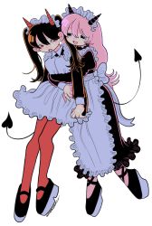 Rule 34 | 2girls, :d, apron, black eyes, black hair, demon girl, demon horns, demon tail, dress, eye contact, fang, frilled apron, frills, full body, highres, horns, hug, hug from behind, juliet sleeves, long dress, long hair, long sleeves, looking at another, maid, maid apron, maid headdress, mary janes, multiple girls, open mouth, original, pantyhose, pink hair, puffy sleeves, red eyes, red legwear, shoes, smile, sweatdrop, swept bangs, tail, tansaiboooo, twintails