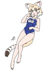 Rule 34 | 1girl, acesrulez, alternate costume, animal ears, bare legs, bare shoulders, barefoot, blonde hair, blue one-piece swimsuit, blush, brown hair, cat ears, cat girl, cat tail, extra ears, full body, kemono friends, multicolored hair, name tag, one-piece swimsuit, open mouth, sand cat (kemono friends), school swimsuit, sleeveless, solo, swimsuit, tail, white hair, yellow eyes