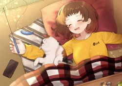Rule 34 | 1girl, amanatu-summer33, animal, blush, brown hair, calico, cat, cat teaser, cellphone, closed eyes, drooling, fish skeleton print, holding, kotatsu, light particles, long sleeves, lying, on back, on floor, open mouth, original, outstretched arm, phone, pillow, saliva, short hair, sleeping, smartphone, smile, solo, table, wrapper