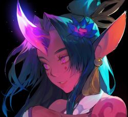 Rule 34 | 1girl, absurdres, black background, blue flower, earrings, flower, from side, glowing horns, green hair, hair flower, hair ornament, highres, horns, jewelry, league of legends, long hair, parted bangs, pink eyes, pointy ears, portrait, potatohell, shoulder tattoo, simple background, single horn, solo, soraka (league of legends), spirit blossom soraka, tattoo, teeth